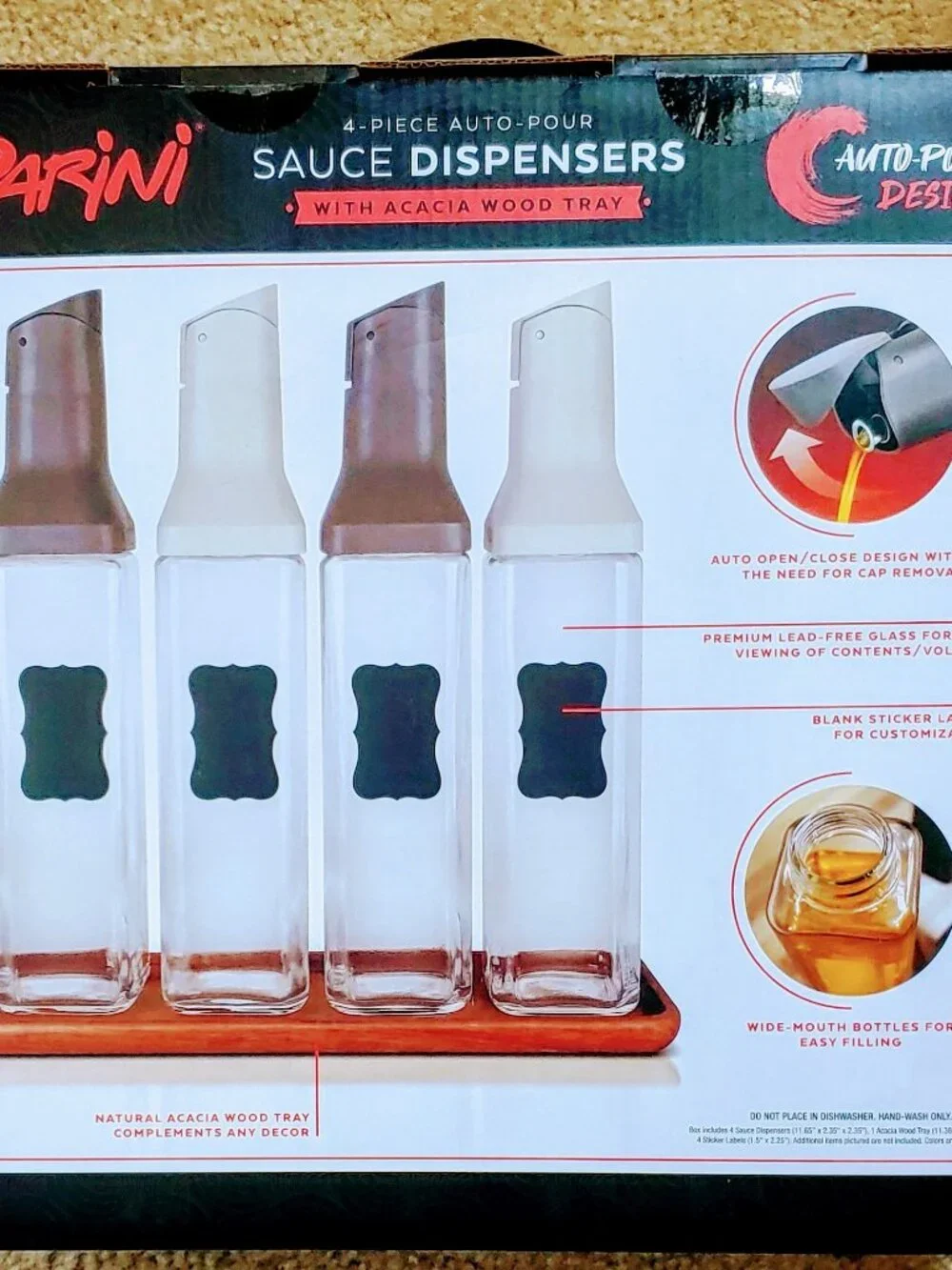 Parini 4-Piece Auto-Pour Sauce Dispenser Set with Acacia Wood Tray